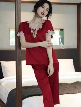 Тонкие пижамы, сексуальные женские летние шелковые пижамы со льдом и снегом, с короткими рукавами, домашний служебный костюм M озеро зеленый