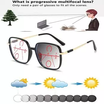 Тонкие шарниры квадратной оправы сверхлегкие большие удобные фотохромные прогрессивные мультифокальные очки для чтения +0,75 до +4 +0.75 чёрный