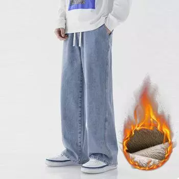 Тонкие / толстые повседневные мужские джинсы Plus Velvet 78% Cotton Drawstring Denim, мешковатые широкие брюки, прямые брюки, спортивные штаны для мужчин в стиле хип-хоп S