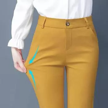 Тонкие узкие эластичные брюки-карандаш с высокой талией, объемные женские брюки до щиколотки, повседневные весенние офисные формальные брюки S чёрный