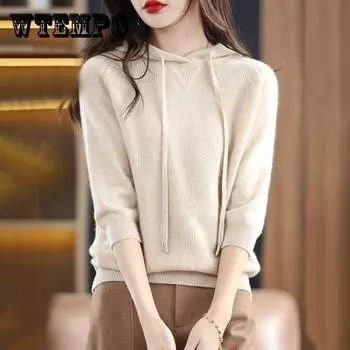 Тонкие вязаные свитера с капюшоном для женщин, классический однотонный вязаный пуловер, оверсайз, осень-зима, повседневная трикотажная универсальная толстовка One Size