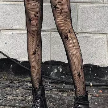Тонкие женские колготки, сексуальные полые сетчатые колготки со звездами, черные чулки с защитой от крючка, шелковые ажурные чулки чёрный