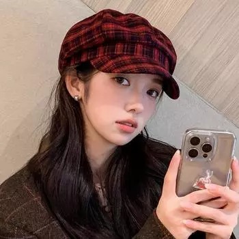 Тонкий берет в клетку Хлопковая женская восьмиугольная шляпа Шляпа художника Клетчатая облачная шапка Работа красный