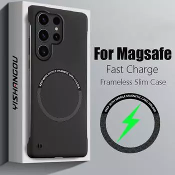 Тонкий безрамочный магнитный чехол Magsafe для Samsung Galaxy S23 Ultra S22 S24 Ultra Coque, роскошный жесткий чехол с беспроводной зарядкой For Galaxy S23 чёрный