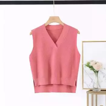 Тонкий большой V-образный вырез без рукавов внутренний свитер свободный трикотажный жилет свитер S розовый