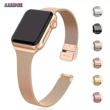 Тонкий браслет, металлический ремешок для Apple Watch Ultra 2, 9, 8, 7, 6 SE, 5, 4, 3, 38 мм, 40 мм, 41 мм, 45 мм, 49 мм, миланский ремешок из нержавеющей стали для iwatch 42 мм, 44 мм 38mm 40mm 41mm