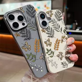Тонкий чехол для телефона TPU с винтажным растительным принтом для iPhone 16 Pro Max 15 Pro 14 Plus 13 12 11 XS XR 8 7, мягкий матовый противоударный защитный чехол для объектива iPhone 16 бежевый