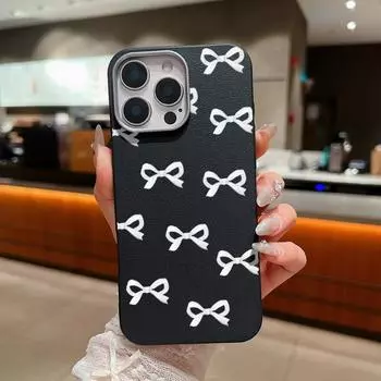 Тонкий чехол из кожи TPU с принтом банта для iPhone 16, 15, Pro Max, 14, Pro, 13, 12, 11, противоударный, мягкий, матовый чехол для телефона iPhone 16 чёрный