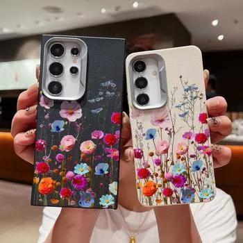 Тонкий чехол из ТПУ с принтом свежих цветов для Samsung S24 FE S23 Ultra S22 Plus A16 A55 A15 A35 A54 A34 A14, матовая кожаная текстура, мягкий противоударный чехол для телефона Samsung S24 чёрный