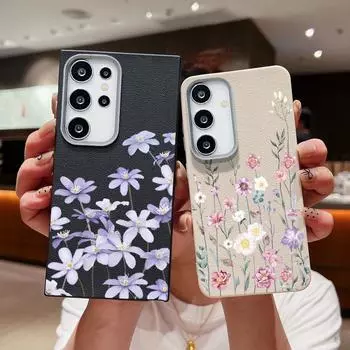 Тонкий чехол с цветочным узором и текстурой из кожи для Samsung S25 S22 Ultra S24 S23 S21 S20 Fe A56 A55 A26 A16 A15 из ТПУ, мягкий, противоударный, матовый чехол Samsung S25 чёрный