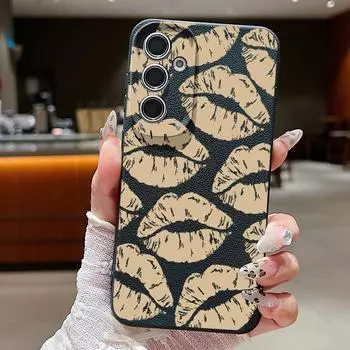 Тонкий чехол с принтом желтых губ для Samsung S24 FE S23 Ultra S22 A16 A55 A15 A54 A35 A14 A34 с матовой кожаной текстурой, противоударный мягкий чехол для телефона из ТПУ Samsung S24 FE чёрный