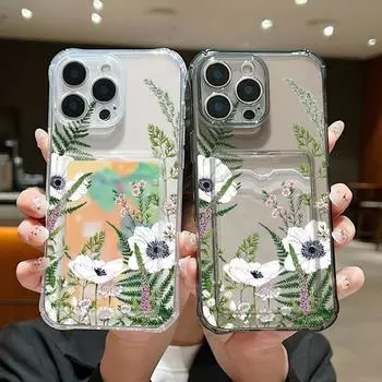 Тонкий чехол с прозрачным слотом для карт и цветочным принтом для iPhone 16 Pro Max 15 Pro 14 13 12 11, прозрачный мягкий силиконовый противоударный защитный чехол для объектива телефона iPhone 16 чёрный