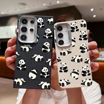 Тонкий чехол TPU с милым рисунком панд для Samsung S24 FE S23 Ultra S22 Plus A16 A55 A15 A35 A54 A14 A34 с текстурой кожи, матовый противоударный мягкий чехол для телефона Samsung S24 FE чёрный