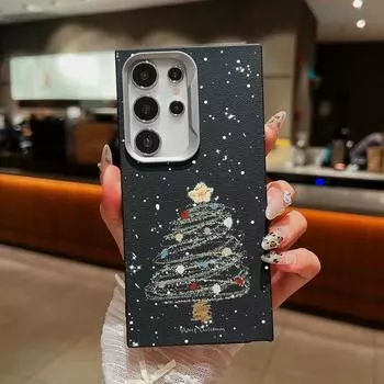 Тонкий чехол TPU с рисунком рождественской елки для Samsung S24 FE S23 S22 Ultra A16 A55 A35 A54 A14 A34, противоударный, матовая кожа, текстура, мягкий чехол Samsung S24 чёрный