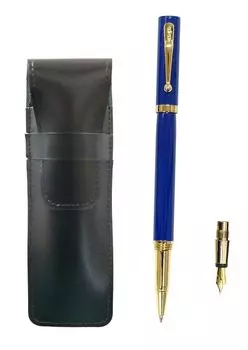 Тонкий черный кожаный пенал для перьевой ручки Exchange BP ZX с набором синих чернил (отдельный картридж) (T23-ASB-ZX-L) синий