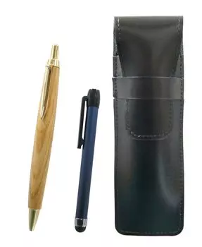 Тонкий черный кожаный пенал с синей ручкой и шариковой ручкой с корпусом из ретро-клена, металлический на ощупь (ASB-ALL-HS47S)