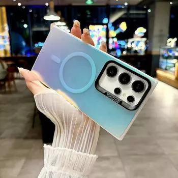 Тонкий цветной лазерный магнитный чехол для телефона Samsung S25 S24 Ultra S23 Plus S22 S21 FE A55 A35 A54 для Magsafe противоударный бампер Samsung S25 чёрный