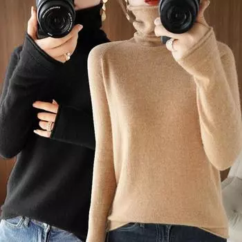 Тонкий джемпер, теплая женская мягкая шерстяная вязаная кофта, свитер, пуловер с длинным рукавом, водолазка M жёлтый