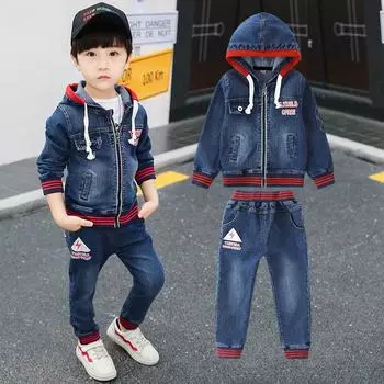 Тонкий джинсовый костюм на весну и осень для мальчиков, уличный ветрозащитный костюм, джинсовая куртка с капюшоном + джинсовые брюки, комплект из 2 предметов 150 синий