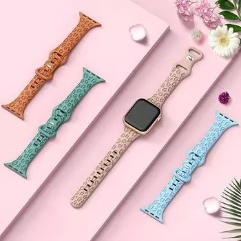 Тонкий гравированный ремешок для Apple Watch Ultra 2/Ultra 49 мм 9 8 7 45 мм 41 мм Леопардовый силиконовый ремешок для iWatch Series Se 6 5 4 3 2 1 44 мм 40 мм 42 мм 41mm 40mm 38mm for apple watch чёрный