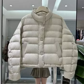Тонкий и легкий однотонный пуховик с воротником-стойкой, женский, зимний, новый, модный, повседневный, свободный, теплый, белый, пуховик на утином пуху S [recommended 80--60kg]