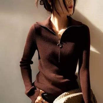 Тонкий и роскошный трикотажный топ с застежкой-молнией на половину длины для женщин S