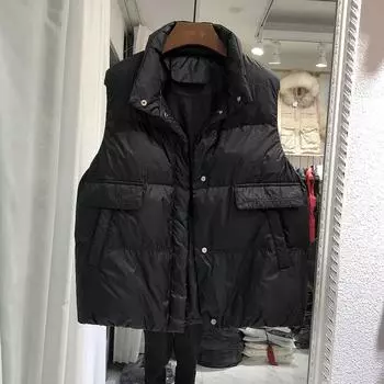 Тонкий и теплый белый утиный пух с воротником-стойкой, без рукавов, короткий пуховик, жилет, женский зимний однотонный свободный жилет, куртка S коричневый