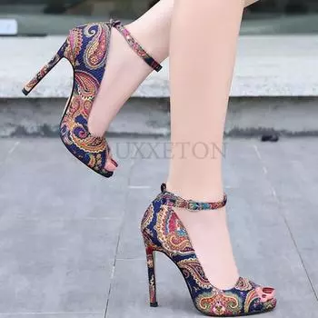 Тонкий каблук кешью цветок прогулочный шоу рыбий рот одиночные туфли большой размер банкетные женские высокие каблуки мода повседневный универсальный 35 чёрный