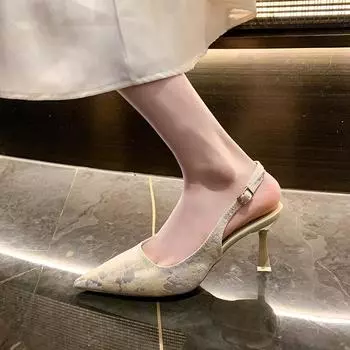 Тонкий каблук легкий рот с принтом темперамент модные сандалии мешок голова женские летние 2024 новые острые сексуальные босоножки на высоком каблуке 35 абрикосовый