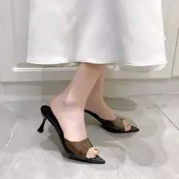 Тонкий каблук с острым носком и юбкой, женские модные босоножки 2024 года, новые высокие каблуки, большой размер 35 чёрный