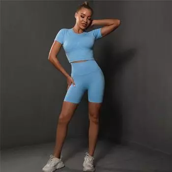 Тонкий комплект для йоги Auroth, быстросохнущая женская спортивная одежда, спортивные шорты для спортзала с короткими рукавами и высокой талией, одежда для фитнеса S морская волна