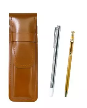 Тонкий коричневый кожаный пенал с металлическим указателем и набором тонких золотых шариковых ручек 60 (ASC-701S-SV60KBP)