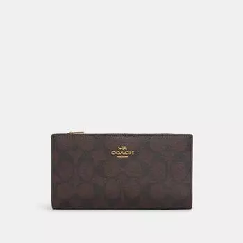 Тонкий кошелек Coach из канвы Signature на молнии золотисто-коричневого черного цвета