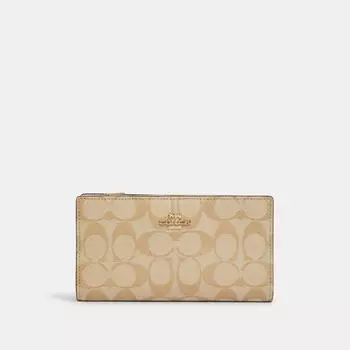 Тонкий кошелек Coach на молнии из канвы Signature, золотистого цвета, светло-хаки, мелом