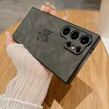Тонкий кожаный чехол для телефона Samsung S25 S24 Ultra S23 FE S22 Plus A56 A16 A36 A26 с рисунком кленового листа, противоударный матовый мягкий чехол-бампер Samsung S25 темно-серого