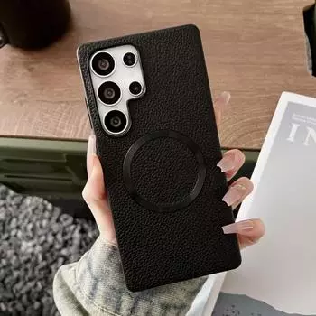Тонкий кожаный чехол с магнитным покрытием для Samsung S25 Ultra S24 FE S23 Plus A56 A16 A36 A26 TPU гибридный мягкий противоударный чехол для телефона с беспроводной зарядкой Samsung S25 чёрный