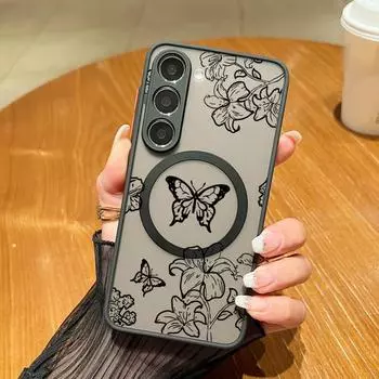 Тонкий магнитный чехол с цветочным принтом и бабочками для Samsung S24 FE S23 Ultra S22 A15 A55 A35 A54 A34 A14 для MagSafe, противоударный матовый прозрачный жесткий чехол для телефона Samsung S24 FE чёрный