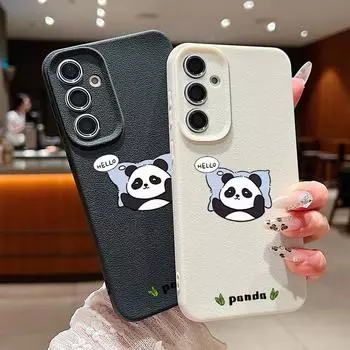 Тонкий матовый чехол Hello Panda Pattern для Samsung S25 S24 FE S23 Ultra S22 A16 A15 A56 A55 A36 A54 A35 кожаная текстура TPU мягкий противоударный чехол для телефона Samsung S25 чёрный