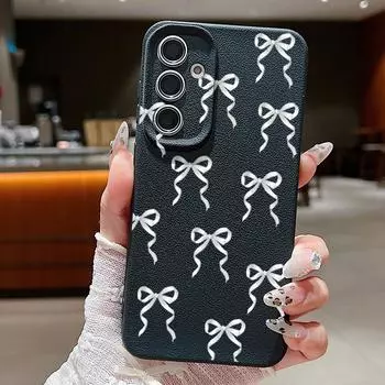 Тонкий матовый чехол с бантом для телефона Samsung S25 S24 FE S23 Ultra S22 A36 A56 A16 A55 A26 A35 из ТПУ кожи с текстурой, мягкий противоударный бампер Samsung S25 чёрный