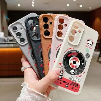 Тонкий матовый чехол с принтом панды для проигрывателя пластинок для Samsung S25 S24 FE S23 Ultra S22 A16 A15 A56 A55 A36 A35, кожаная текстура, мягкий противоударный чехол для телефона из ТПУ Samsung S25 чёрный