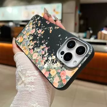 Тонкий матовый чехол с рисунком цветов в гроздьях для iPhone 16 Pro Max 15 Plus 14 Pro 13 12 11 XS XR 8 7 из мягкой кожи TPU с текстурой, противоударный чехол для телефона iPhone 16 чёрный