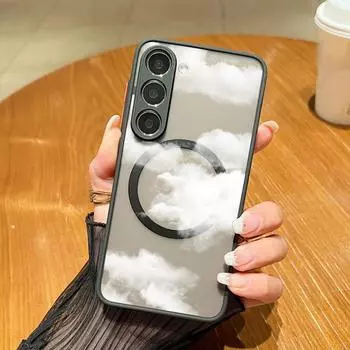 Тонкий матовый магнитный чехол с облачным принтом для Samsung Galaxy S24 FE S23 Ultra S22 A15 A55 A54 A35 A34 для Magsafe, противоударный защитный чехол для объектива телефона Samsung S24 FE чёрный