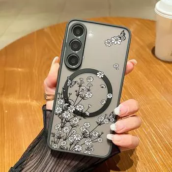 Тонкий матовый магнитный чехол с принтом маленькой ромашки для Samsung S24 FE S23 S22 Ultra S21 A55 A15 A54 A35 A34 A14 A52, противоударный, для MagSafe, прозрачный чехол для телефона Samsung S24 FE чёрный