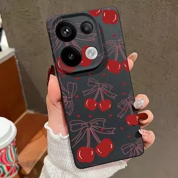 Тонкий мягкий чехол для телефона с принтом вишневого банта для Xiaomi 13T Pro Poco X7 X6 M6 Redmi 13C Note 14 13 Pro 12 11 матовая кожаная текстура TPU противоударный чехол Redmi Note 14 5G чёрный
