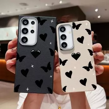 Тонкий мягкий чехол из ТПУ с принтом сердечек и бабочек для Samsung S25 S24 FE S23 Ultra S22 S21 A16 A56 A54 A36 A35 A15, матовая кожаная текстура, противоударный чехол Samsung S25 Ultra серый