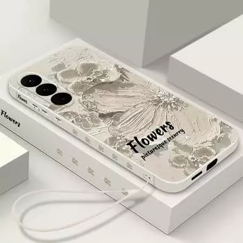 Тонкий мягкий чехол с масляной живописью и цветами для Samsung S24 S23 S22 Ultra S21 S20 FE A55 A54 A35 A34, ремешок, матовый противоударный защитный чехол для телефона Samsung S24 бежевый