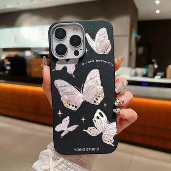 Тонкий мягкий чехол с рисунком бабочки и текстурой кожи для iPhone 16 Pro Max 15 14 Pro 13 12 11, матовая защита линз, противоударный чехол для телефона из ТПУ iPhone 16 чёрный