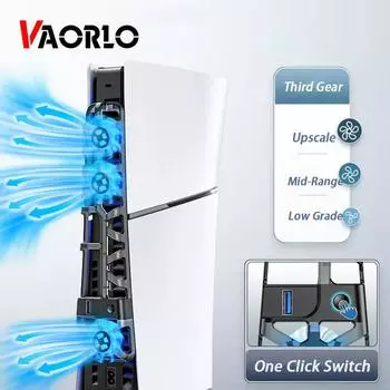Тонкий охлаждающий вентилятор VAORLO для PS5 с RGB-подсветкой, 3 охлаждающих вентилятора, высокоэффективная система охлаждения, 3 USB-порта для PS5 Disc/Digital Edition чёрный