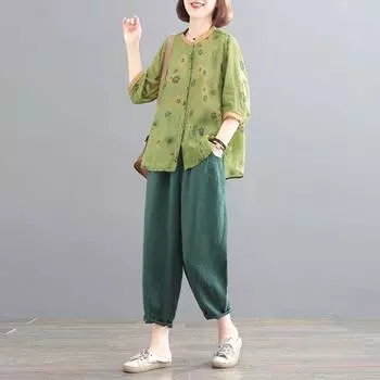 Тонкий печатный литературный ретро-модный модный летний костюм из двух частей Ramie для женщин M зелёный