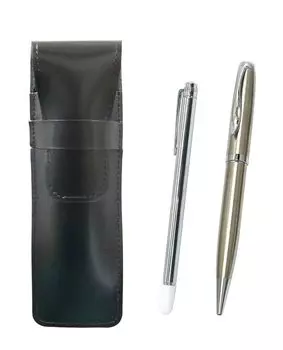 Тонкий пенал из воловьей кожи черного цвета с металлическим стержнем-индикатором и элегантной серебряной вращающейся шариковой ручкой ASB-701S-LF01CB